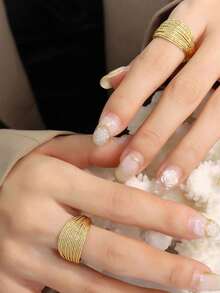 1pc Premium Minimalist Multi-Layer Wire Stacked Exaggerated Layered Open Adjustable Versatile Ring - Gold - View 5