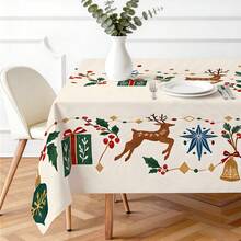 1pc Nordic Reindeer Christmas Tablecloth, Christmas Tree Gift Box Bell Holly Berry Print Pattern, Polyester Material Single-Sided Print, Suitable For Tabletop, Washable And Reusable, Suitable For Indoor, Outdoor, Yard, Wedding, Banquet, Party, Outdoor Dining, Winter Holiday Dinner Table Setting, Christmas Home Decor - Multicolor - View 2