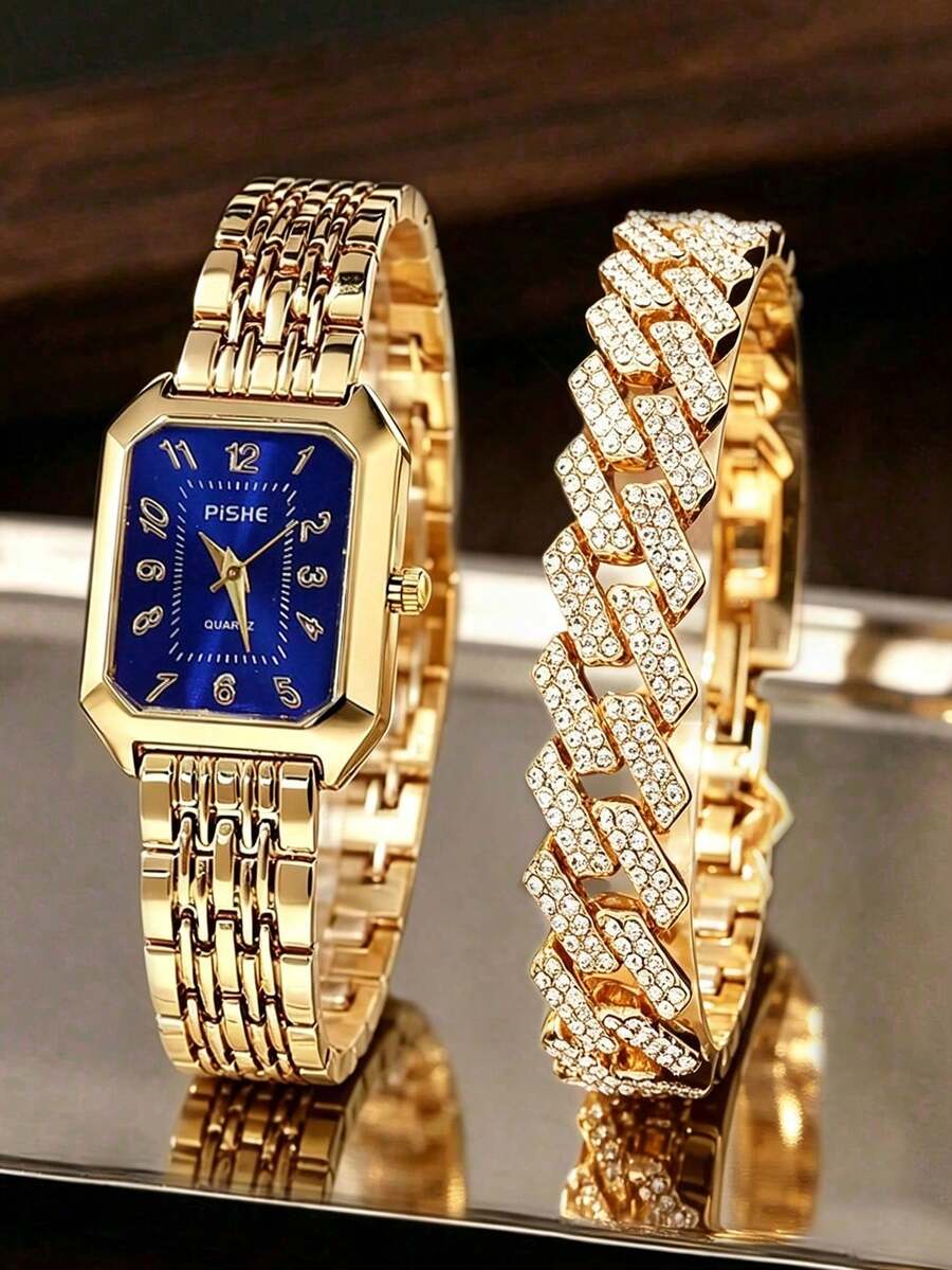 2件組女款優雅復古手錶套裝，奢華金色鏈條宮廷風石英錶，長方形錶盤，不鏽鋼錶帶，經典指針腕錶 - 藍色 - 查看 1