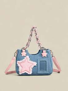 New Fashionable Versatile Texture Patchwork Contrast Color Pentagram Acrylic Chain Denim Casual Commute Shoulder Cross-Body Handbag For Women - Baby Blue - View 1