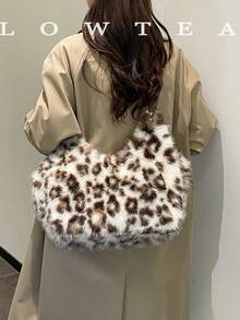 low tea 1pc Crescent Bucket Plush Fabric Shoulder Tote Bag, Suitable For Commuting, Shopping And More - Coffee - View 12