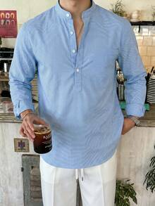 WAIT HIM Men's Henley Collar Plaid Long Sleeve Shirt - Blue and White - View 1
