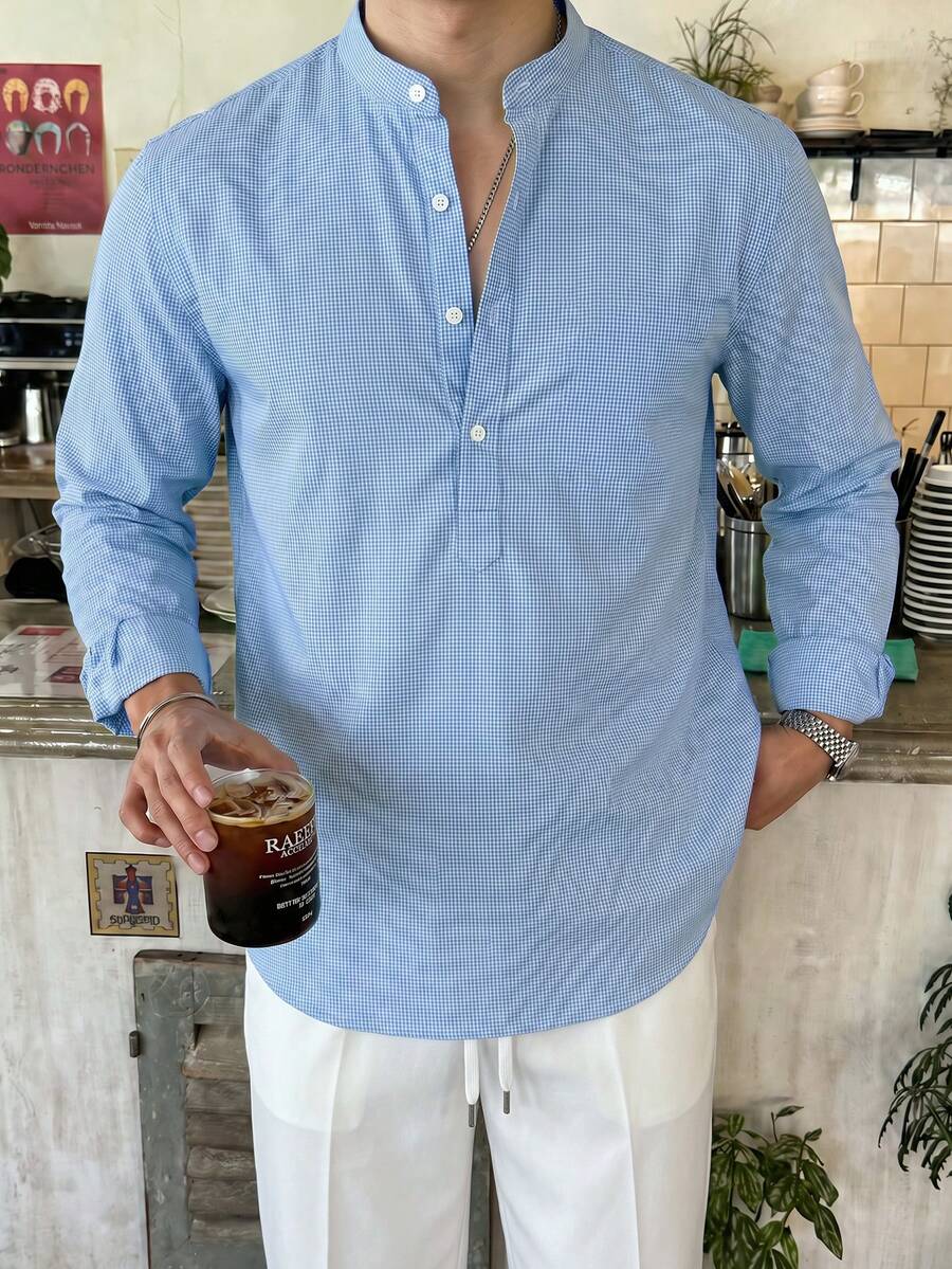 WAIT HIM Men's Henley Collar Plaid Long Sleeve Shirt - Blue and White - View 1