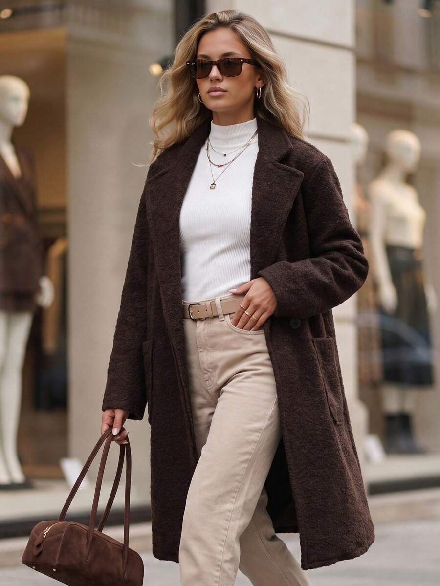 Women's Double-Breasted Teddy Coat With Lapels And Patch Pockets - Brown - View 1