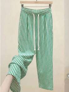 Straight Leg Pants, Striped Casual Trousers With Elastic Waist, Pockets, Drawstring, Suitable For Office, Business, Vacation, Daily Wear, School, Travel, New Arrival - Green - View 4