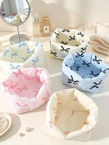1pc Cute Bow Print Fabric Storage Basket Foldable Desktop Cosmetic Organizer Bin Portable Makeup Holder Box Small Sundries Accessories Storage Bucket - Multicolor - View 5