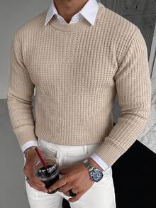 Men's Classic 7-Gauge Cable Knit Crew Neck Long Sleeve Sweater, Autumn/Winter - Apricot - View 8