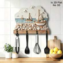 2D Flat Non-3D Nautical Sailboat Shell Wooden Key Hook Wall Decor, Coastal Beach Style Entryway Wall-Mounted Key Storage Rack, Room Decoration, Living Room Decoration, Home Decor, Nautical Mother's Day Gift, Seaside Cottage Entryway Wall-Mounted Key Hook - Multicolor - View 2