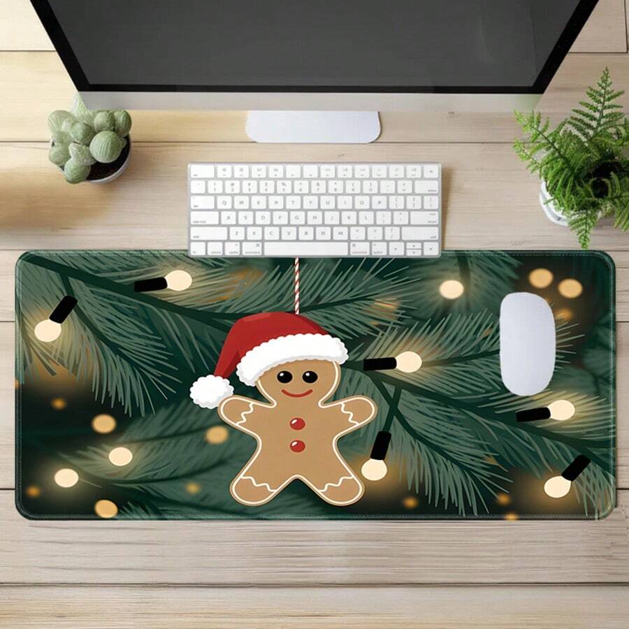1pc Cute Gingerbread Man Large Mouse Pad, Christmas Holiday Extended Desk Mat, Dark Green Pine Branch & String Lights Gingerbread Man Keyboard Pad, Stitched Edge Soft Fabric Surface With Non-Slip Rubber Base, Laptop Desk Mat, Suitable For Home Office, Gaming, Holiday Gift - View 1
