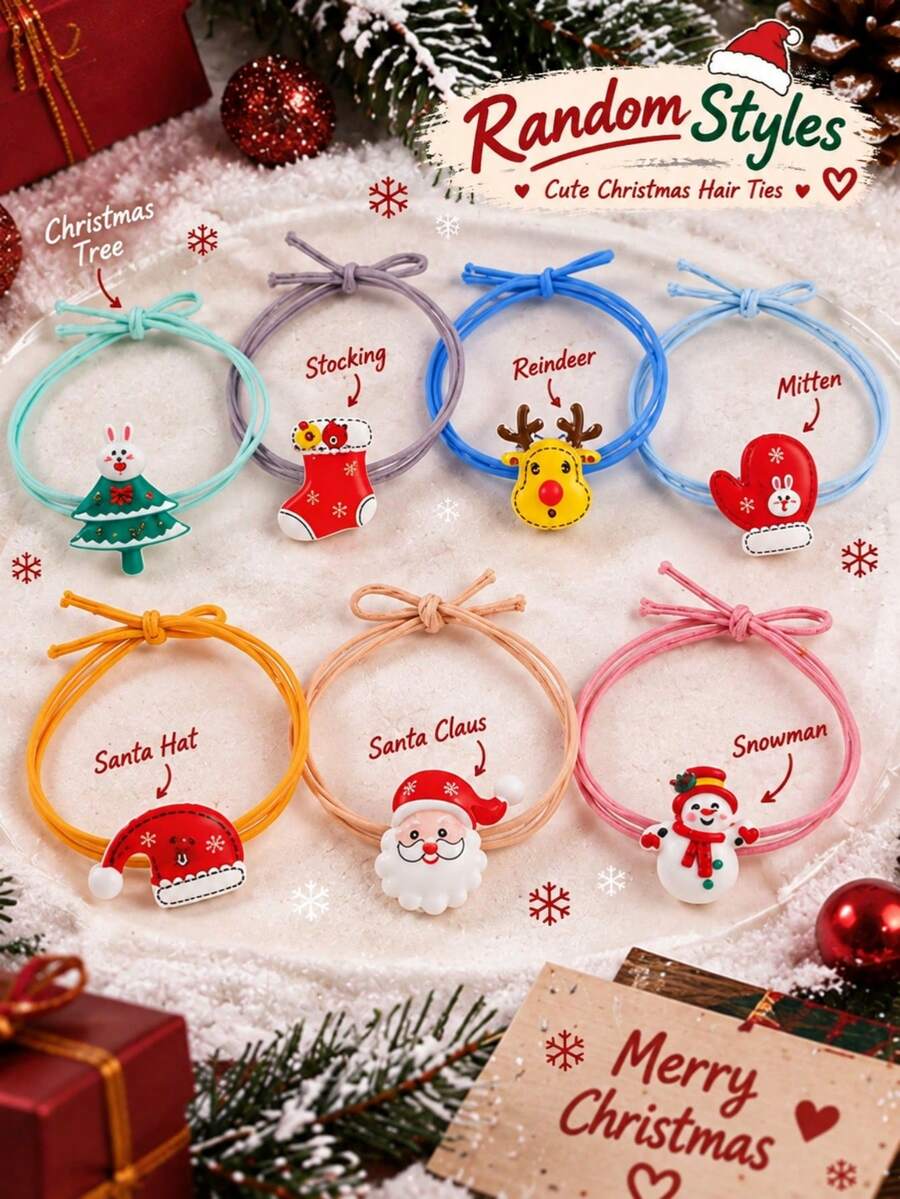 6pcs/Random Style Halloween Elements Hair Ties, Santa Claus, Christmas Tree, Reindeer, Snowman, Christmas Hat Hair Ties Set, Exquisite Gift - Multicolor - View 1