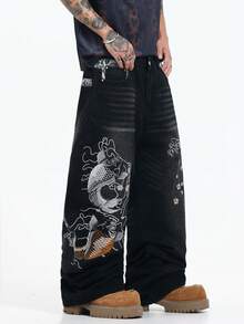 Justice Brother 1pc American Street Style Brand Personalized Patchwork Snake Print Design Embroidered Men's Black Denim Jeans All-Season Versatile Loose Comfortable Wide Leg Pants (Belt/Accessories Not Included) - Black - View 4