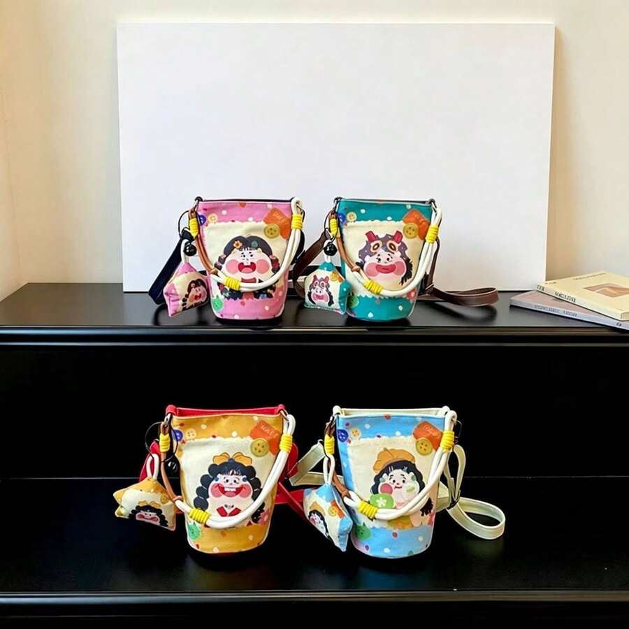1pc Girls Cartoon Print Nylon Magnetic Closure Fashion Handbag Crossbody Bag Suitable For All Seasons Daily Use With Pendant