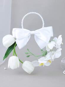 1pc Artificial White Tulip & Orchid Flower Ring Pearl Handle Hand Bouquet Elegant Bridal Wedding Ceremony Photo Props - White - View 3