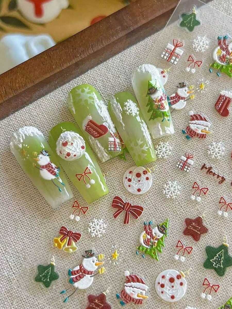 1pc Hot-Selling Christmas 3D Embossed Nail Stickers With Adhesive Backing, Snowman, Gingerbread Man, Christmas Tree, Reindeer Decor For DIY Fun Holiday Nail Art - Multicolor - View 1
