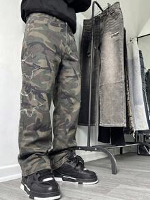 Men's Wide Leg Straight Camouflage Cargo Pants, Star Patch Raw Hem Multi-Pocket Cargo Denim Jeans, Streetwear Fashion Jeans - Dark Green - View 1