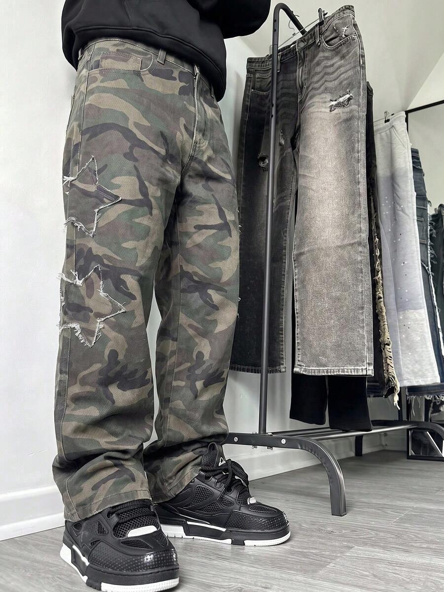 Men's Wide Leg Straight Camouflage Cargo Pants, Star Patch Raw Hem Multi-Pocket Cargo Denim Jeans, Streetwear Fashion Jeans - Dark Green - View 1