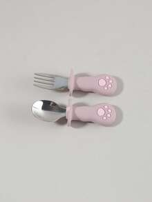 2pcs Custom Name Cat Paw Baby Fork & Spoon Set, Silicone Handle Stainless Steel Toddler Self-Feeding Training Cutlery With Case - Multicolor - View 13