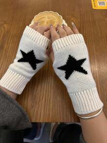 1pc Knitted Knitted Star Jacquard Half Finger Gloves, Autumn/Winter Warm Contrast Color Fingerless Hand Socks Sleeve Covers, Unisex - B - View 1