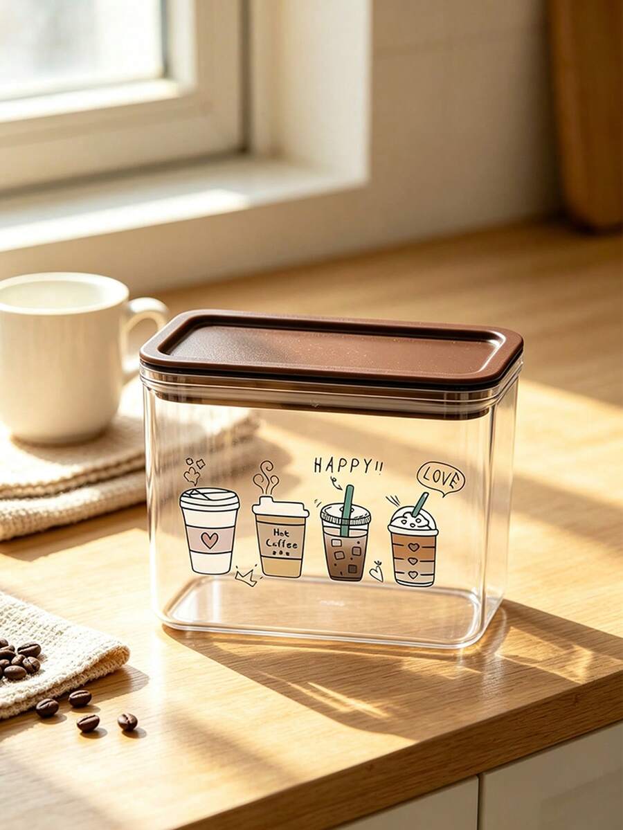 Kaleng Penyimpanan Kopi Transparan Motif Kopi Lucu, Kaleng Makanan Plastik Tertutup, Kapasitas Besar, Tahan Debu dan Tahan Lembap, Kotak Penyimpanan Area Kopi di Meja Dapur, Dekorasi Bar Kopi. - MultiWarna - View 1