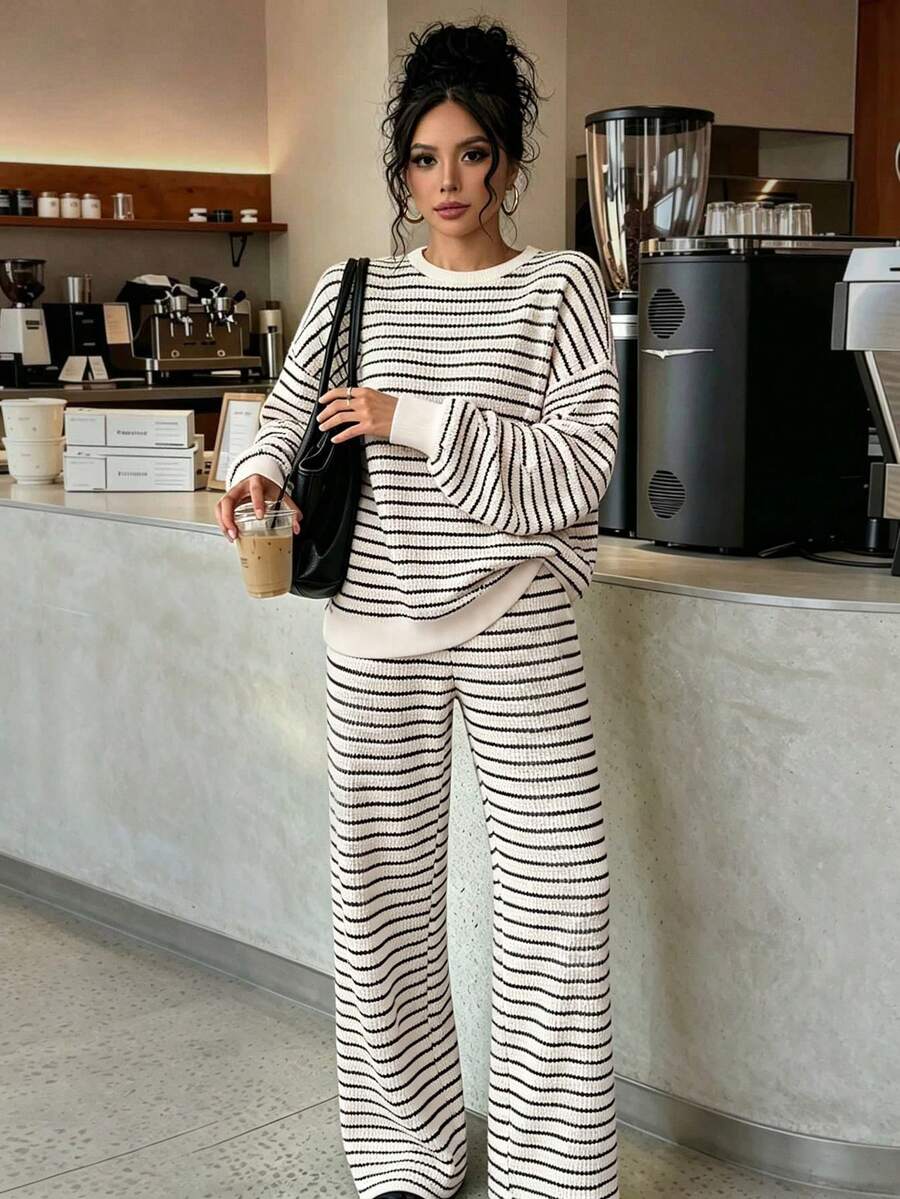 Casual Striped Textured Knit 2 Pieces Set, Round Neck Loose Top And Wide Leg Pants, Suitable For Casual, Vacation And Date Wear - Black and White - View 1
