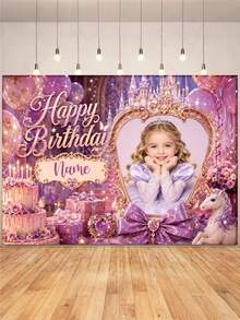 Latar Belakang Foto & Nama Kustom Kastil Berkilau Ungu untuk Ulang Tahun dengan Unicorn, Kotak Hadiah, Cermin Ajaib, Balon, Kue, Desain Bunga, Cocok untuk Pesta Ulang Tahun Bertema Putri, Dekorasi Latar Belakang Foto untuk Acara Cake Smash, Banner Vinyl Fotografi - Purple - View 2