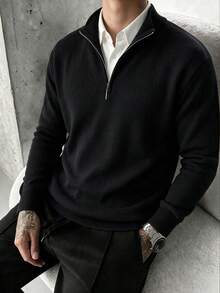 Men's Zipper Vertical Ribbed Knit Sweater, Stand Collar Long Sleeve Suitable For Office And Daily Wear Fashion Casual - Black - View 3