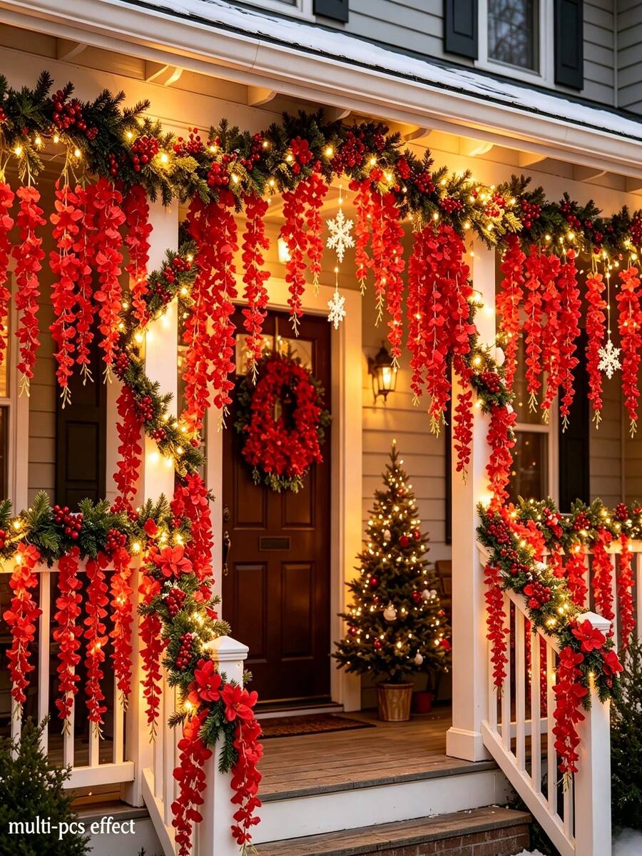 60pcs Red Artificial Wisteria Flowers, Dense Faux Wisteria Vine Garland, Artificial Christmas Flowers, Hanging Vines, Faux Plants, Suitable For Wedding Decor, Porch, Wall Decor, Birthday Party, Room Decor, Garden And Home Decor Outdoor Artificial Flowers, Suitable As Valentine's Day, Halloween Or Christmas Gifts, DIY Floral Arrangement - Red - View 1