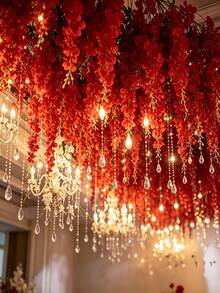 60pcs Red Artificial Wisteria Flowers, Dense Faux Wisteria Vine Garland, Artificial Christmas Flowers, Hanging Vines, Faux Plants, Suitable For Wedding Decor, Porch, Wall Decor, Birthday Party, Room Decor, Garden And Home Decor Outdoor Artificial Flowers, Suitable As Valentine's Day, Halloween Or Christmas Gifts, DIY Floral Arrangement - Red - View 2