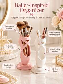 Ballet Theme Pink & White Cosmetic Storage Box, Multi-Functional Shoe Box/Pen Holder/Cosmetic Organizer, Suitable For Dance Studio Decoration, Desktop Storage, Makeup Brush Holder, Can Be Used As A Gift For Ballet Dancers, Also A Modern Home Decor Item For Dance Enthusiasts (Storage Box Only, Makeup Brushes Not Included) - Multicolor - View 5