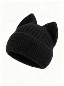 Pc Women Cute Cat Ear Knit Beanie Hat, Soft Plush Ribbed Cuffed Beanie, Solid Warm Winter Hat For Daily Wear - Cat Ear Knitted Hat - View 5