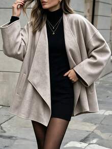 Women's Oversized Wool Coat, Dropped Shoulder Lapel Double-Faced Wool Short Jacket, Suitable For Work And Travel, Autumn/Winter Fashion - Grey - View 6