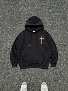 FRACTYR Men's American Style Front & Back Double Print Cross & Bible Verse Loose Fit Hoodie, High Street Style Oversized Drop Shoulder Couple Pullover Sweatshirt - Black - View 5