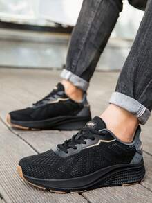 LOKWT 1 Pair Unisex Solid Color Athletic Fabric Mesh Spliced Wide Toe Box Running Shoes, Extra Wide & Extra Roomy, Outdoor All-Season - Black - View 9
