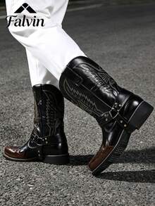 Men's Western Cowboy Boots, High-Top Leather Riding Boots, Black & Brown Retro Contrast Color Bird Embroidery Mid-Calf Boots, Square Toe Chunky Heel, Rivet Lace-Up Decor, Suitable For Streetwear, Party, Daily Western Style Looks, Durable And Comfortable For Daily Outings And Outdoor Use All Season, Fashionable Versatile Boots - Black - View 3