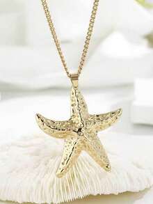 1pc Gold Stainless Steel Starfish Pendant Necklace With Exquisite Box Chain, Unisex Ocean Style Accessory - Starfish - View 4