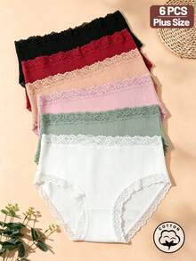 Teowryxou 6pcs Plus Size Solid Color Cotton Lace Patchwork Ribbed Sexy Romantic Comfortable Low Waist Women's Panties, Suitable For Valentine's Day, Holidays - Multicolor - View 2