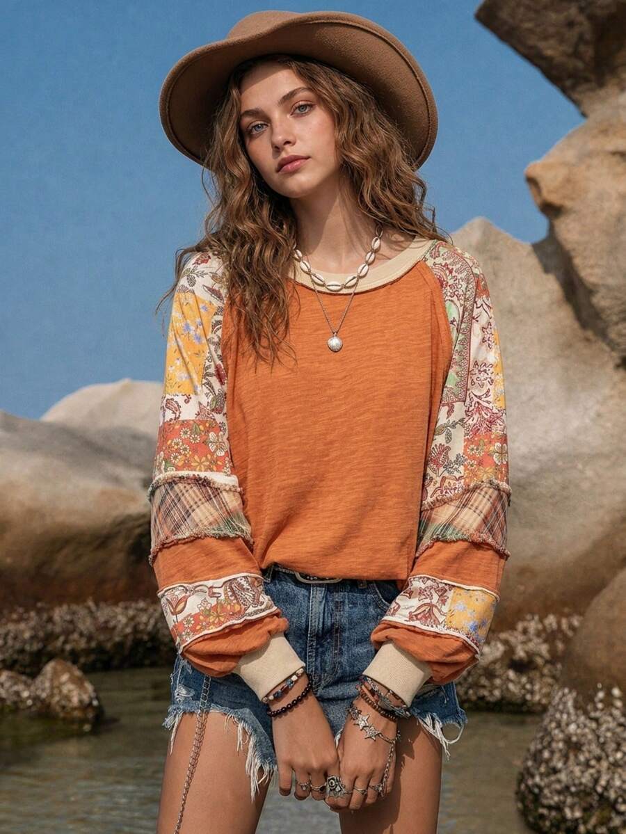 Bohemian Style Women's Long Sleeve Raglan Sweatshirt, Autumn Fashion Crew Neck Patchwork Sleeve Knit Pullover - Orange - View 1