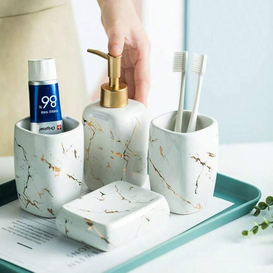 Ceramic Bathroom 4-Piece Set, Toiletries, Bathroom Accessories, Mouthwash Cup, Toothbrush Holder, Draining Tray Set, Wash Basin - A - View 1