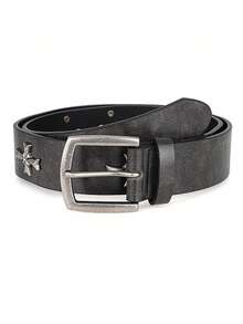 1pc Men's Vintage Faux Leather Belt, Cross Metal Rivet Buckle Belt, Punk Rock Street Style, Perfect Match For Jeans And Cargo Pants, Ideal Gift - Black - View 1