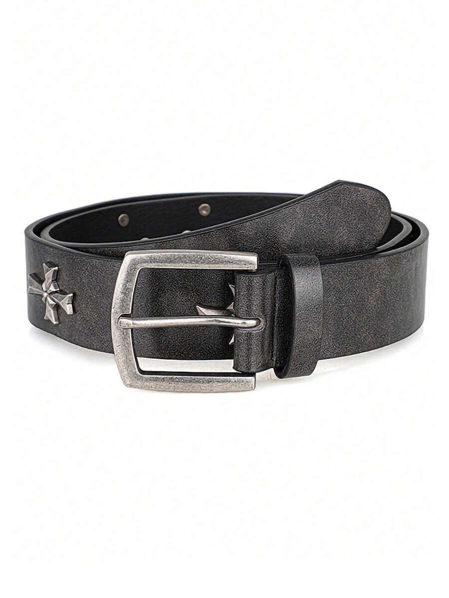 1pc Men's Vintage Faux Leather Belt, Cross Metal Rivet Buckle Belt, Punk Rock Street Style, Perfect Match For Jeans And Cargo Pants, Ideal Gift - Black - View 1