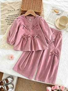 bearleader Girls Cute Bow Long Sleeve O-Neck Top + Pink Pants 2pcs Set, Suitable For Spring & Autumn, 3-7 Years Old - Pink - View 1