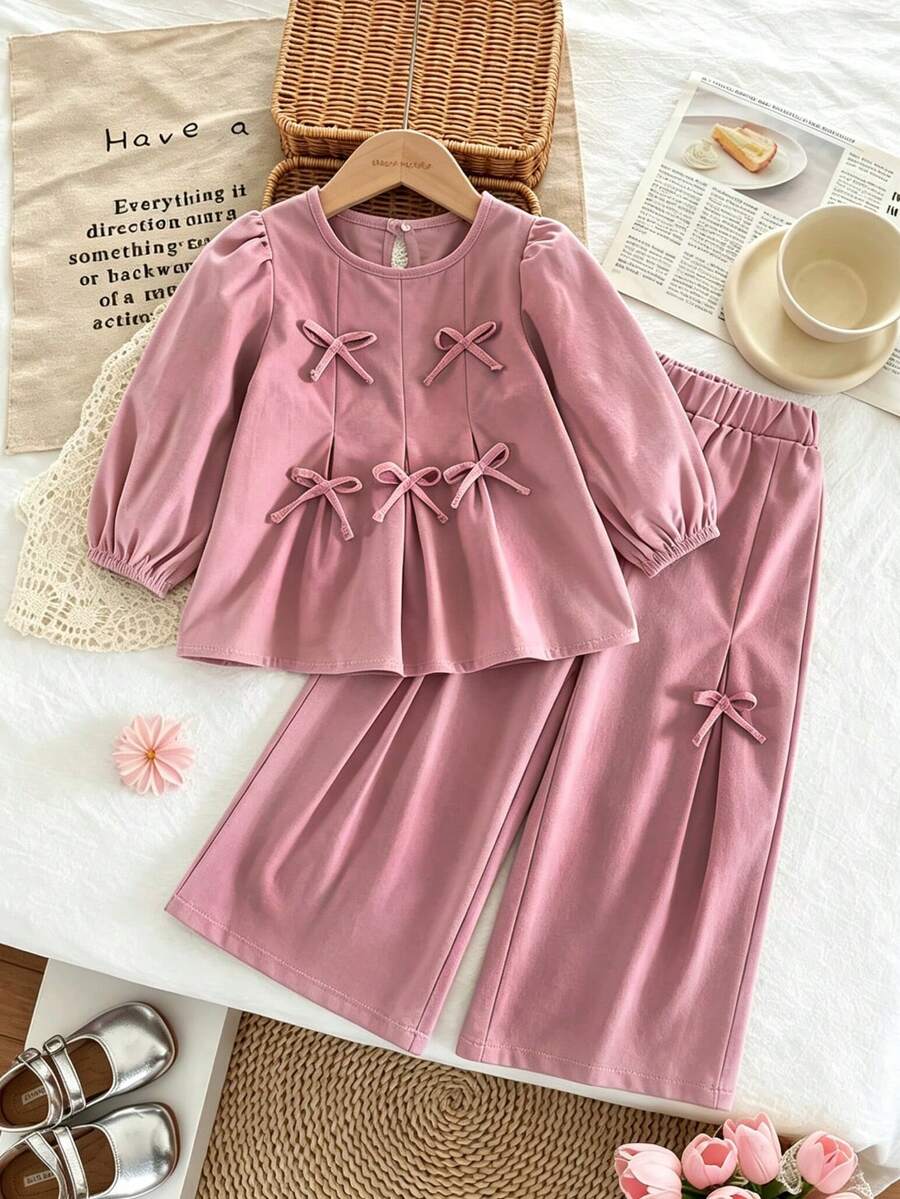 bearleader Girls Cute Bow Long Sleeve O-Neck Top + Pink Pants 2pcs Set, Suitable For Spring & Autumn, 3-7 Years Old - Pink - View 1