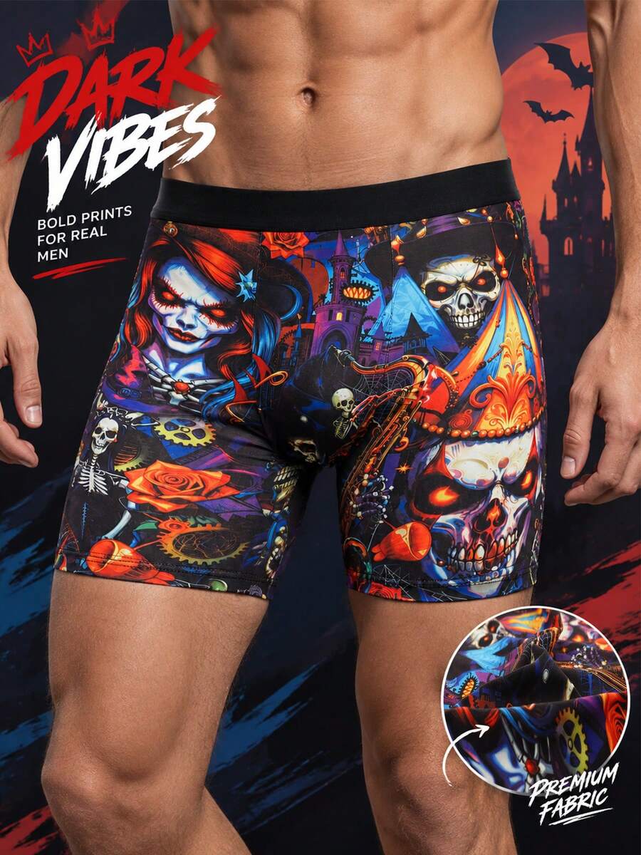 1pc Men's Dark Gothic Skull All-Over Print Boxer Briefs, Witch Skeleton Pattern, Soft Elastic Comfortable, Street Style Casual Creative Men's Underwear - Multicolor - View 1