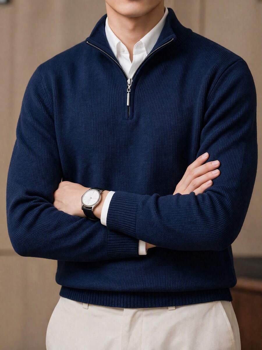 Men's Zipper Vertical Ribbed Knit Sweater, Stand Collar Long Sleeve, Suitable For Office And Daily Wear, Fashion Casual