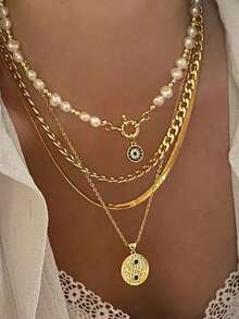 4pcs Fashion Hip Hop Style Round Pendant Pearl Evil Eye Layered Necklace, Suitable For Women's Daily Wear And Holiday Decoration - Gold - View 4