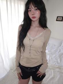 春夏V領防曬層搭百搭長袖女款T恤上衣 - 駝色 - 查看 2