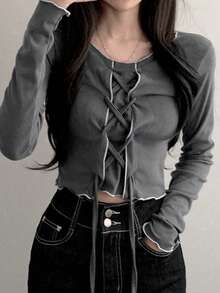 Solid Color V-Neck Long Sleeve Fitted Tie-Up Collegiate Style Top For Women, Spring/Autumn - Grey - View 2
