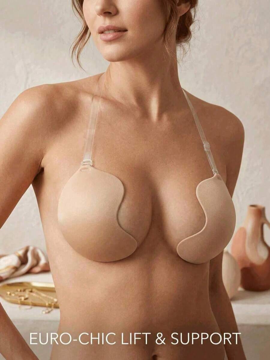1 Pair Self-Adhesive Push-Up Bra, Invisible Strap Design, Front Closure Design, Provides Breast Support, Comfortable And Reusable, Suitable For Swimwear, Bikini And Deep V-Neck Clothing - Multicolor - View 1