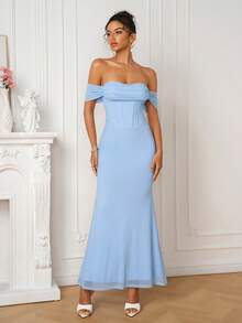 PARTHEA Women Elegant Light Blue Off‑Shoulder Mesh Mermaid Maxi Dress, Corset Style Party Long Gown - Baby Blue - View 6