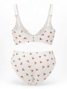 Women's Red Cherry Print Wireless Bra & Panty Set, Cute Japanese Style Christmas Design, V-Neck Wide Strap With Tapered Fit, Adjustable Buckle, Removable Pads, Soft Lingerie Set - Red and White - View 8